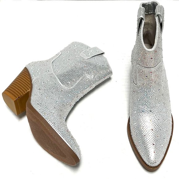 New Women Silver Rhinestone Sparkly Cowboy Western Boots - Picture 6 of 8